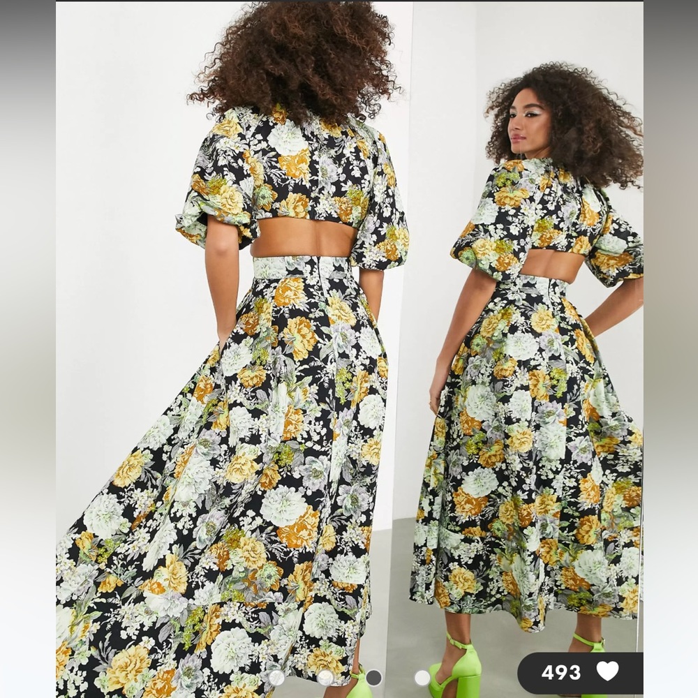 ASOS Edition floral midi Dress Puff Sleeve cut out back size US 12 NEW